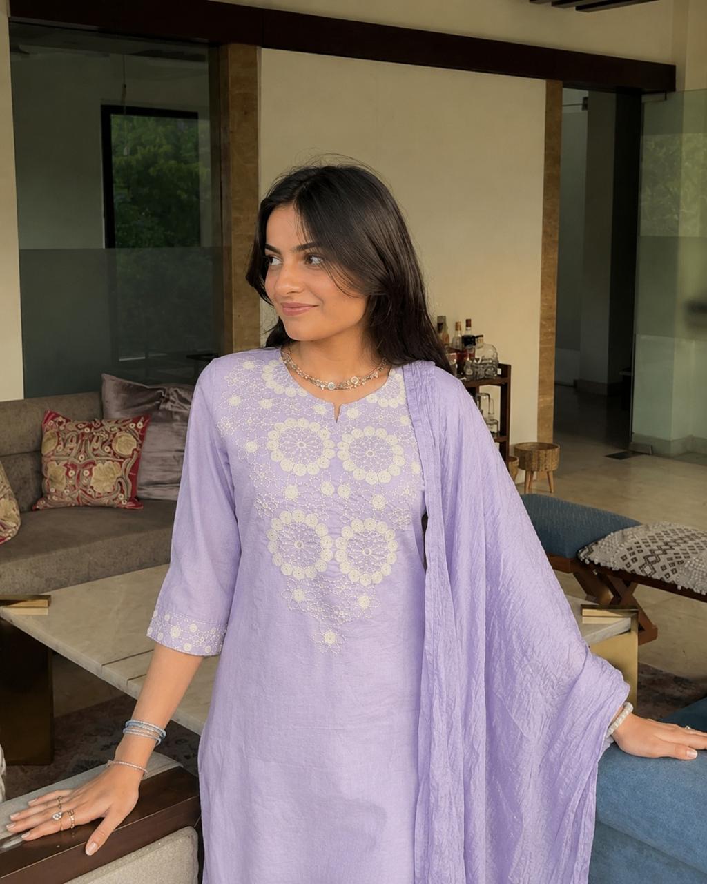 Pretty embroidered cotton suit set in purple