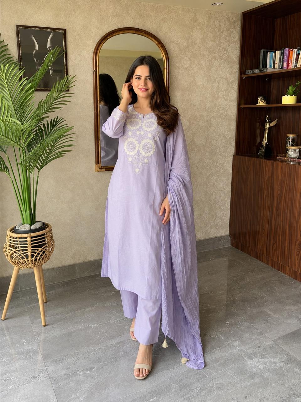 Pretty embroidered cotton suit set in purple