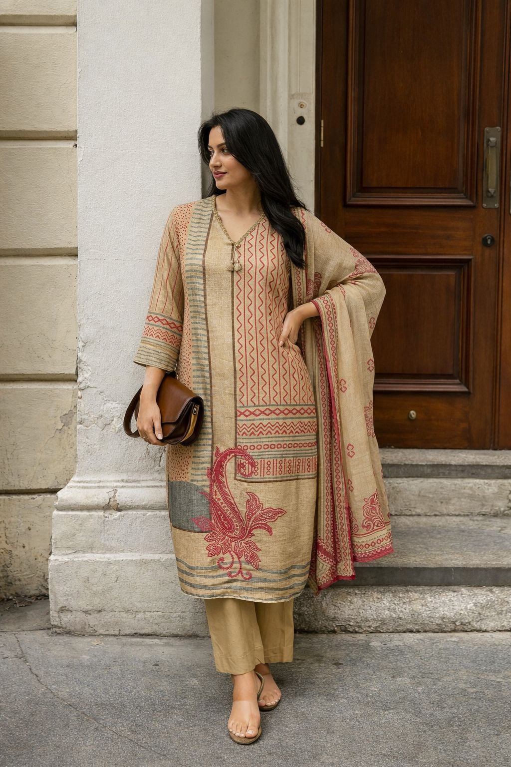 Linen cotton lining suit set in beige