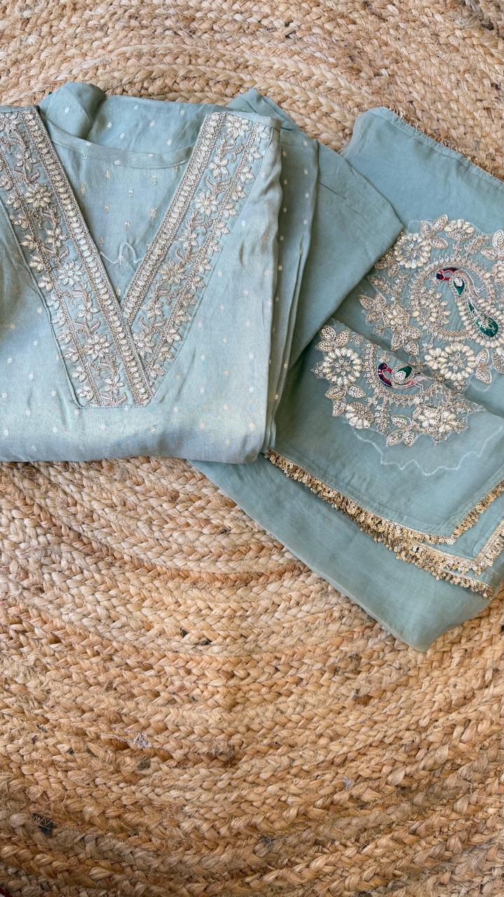 Premium tissue zari weaved unstitched suit set in blue
