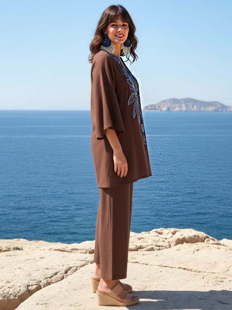 Pretty cotton blue highlighted embroidered co ord in brown