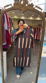 Super soft Mul silk stripes kurta pant in green