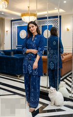 Pure crepe bandhani co ord in royal blue