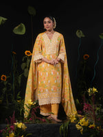 Super pretty Mul cotton embroidered full suit set in yellow