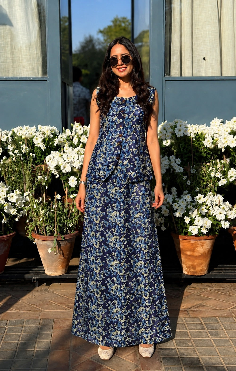 Pure cotton waist coat top paired with indigo skirt