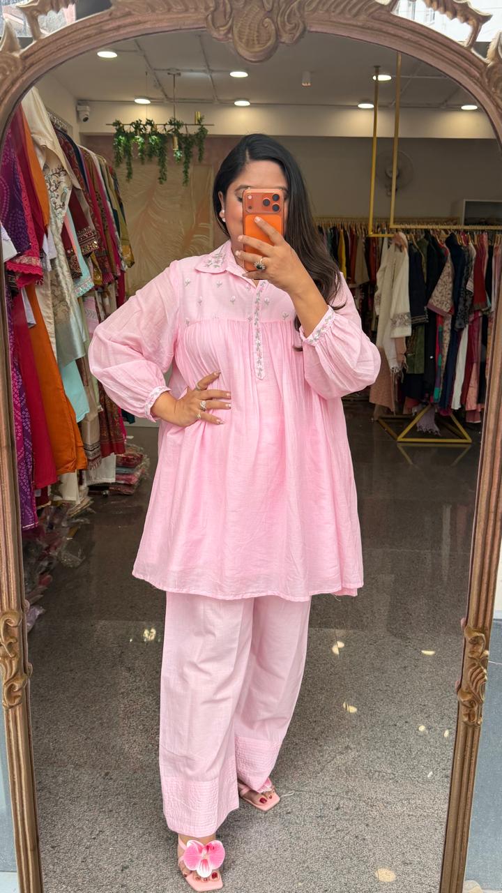 Pretty Mul cotton embroidered top paired with Farsi pants in baby pant