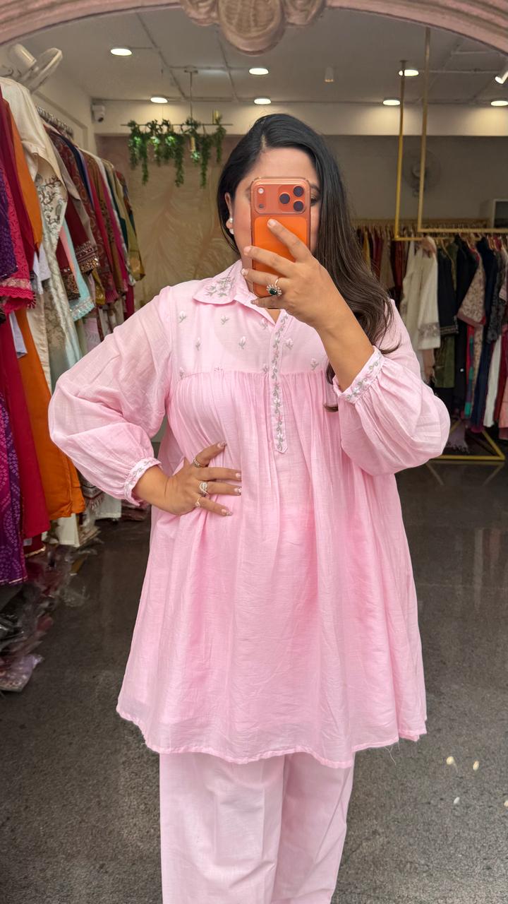 Pretty Mul cotton embroidered top paired with Farsi pants in baby pant