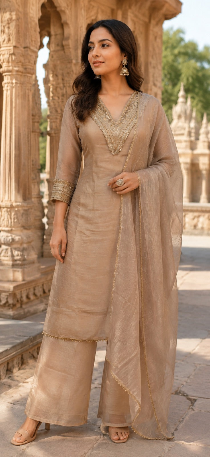 Shimmer tissue with zari detailing real mirror party wear suit set (slim fit but margin available) in chikko