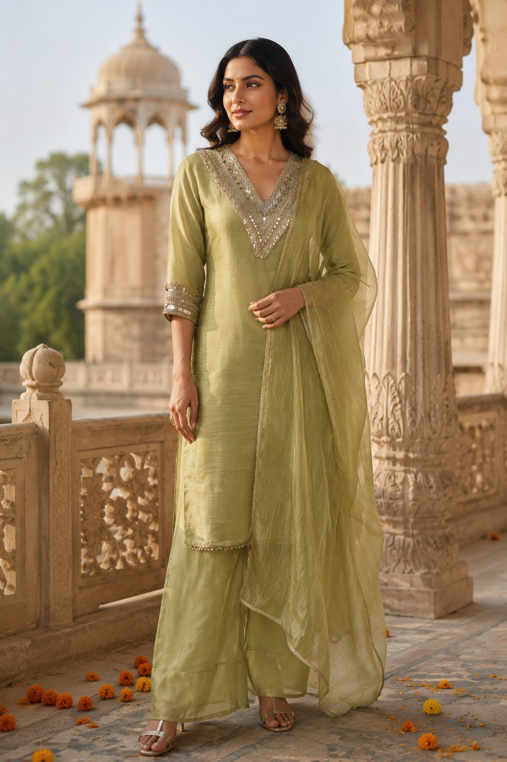 Shimmer tissue with zari detailing real mirror party wear suit set (slim fit but margin available) in green