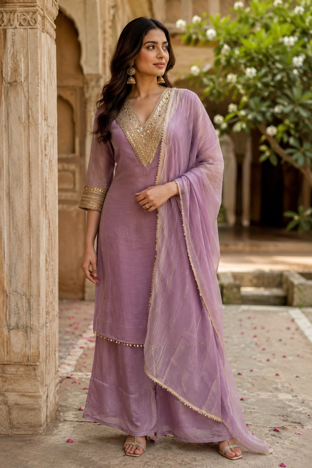 Shimmer tissue with zari detailing real mirror party wear suit set (slim fit but margin available) in lilac