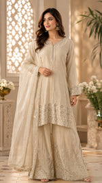 Premium chinon plazzo with intricate thread work all over the suit in cream