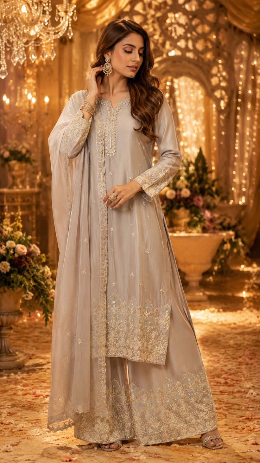 Premium chinon plazzo with intricate thread work all over the suit