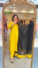 Pure cotton fully embroidered yellow n black suit set