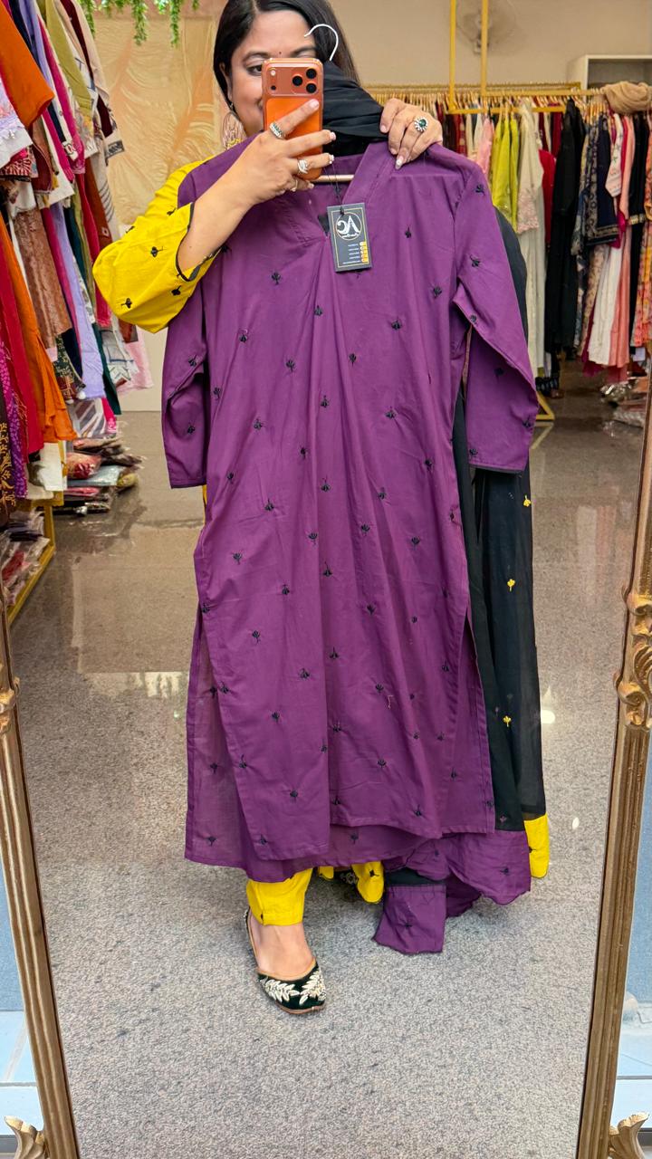 Pure cotton fully embroidered purple n black suit set