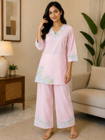 Pretty Mul cotton applique work co ord set in pink