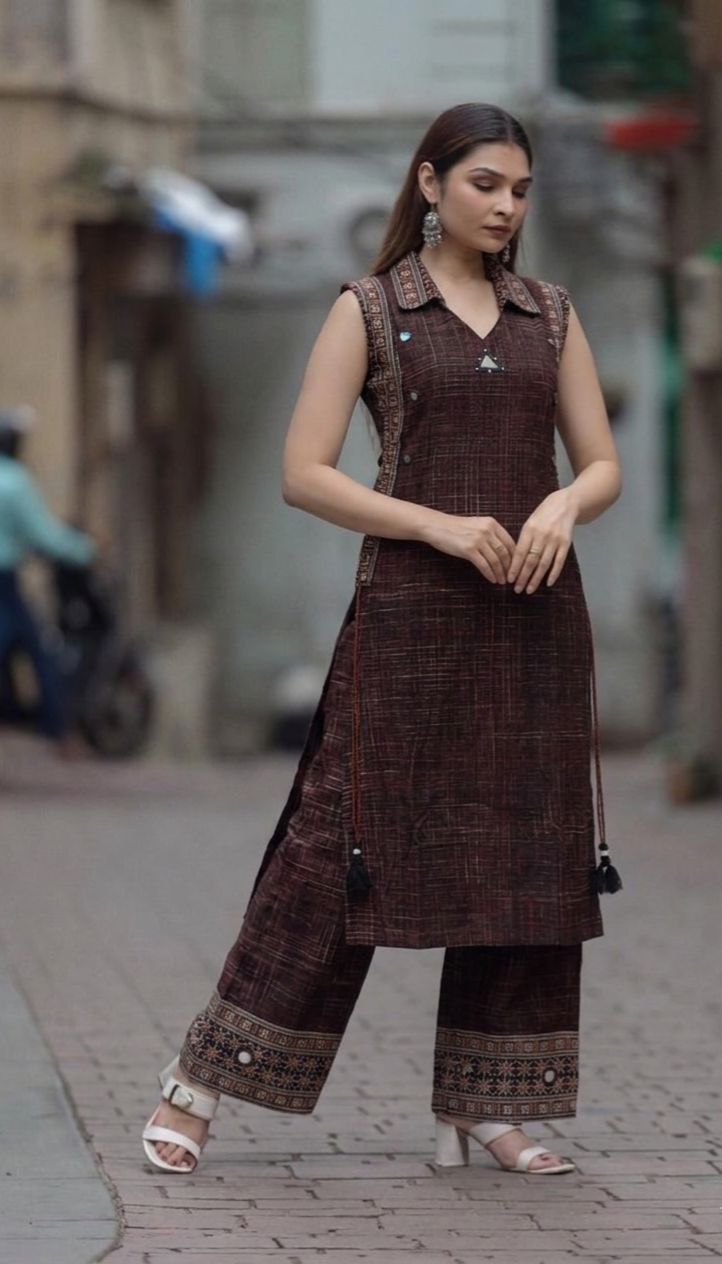 Premium cotton with real mirror detailing kurta pant in wine