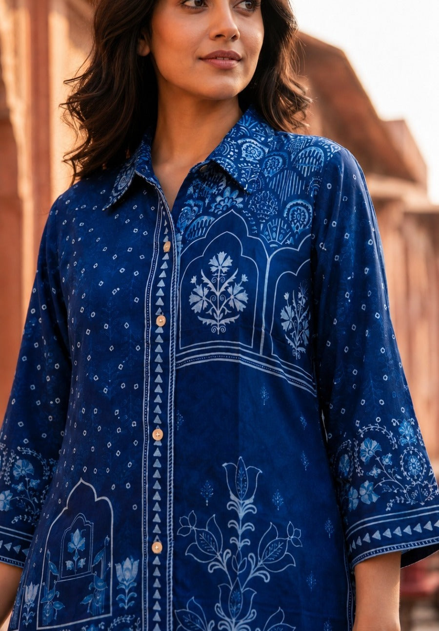 Premium crepe blue bandhani co ord set