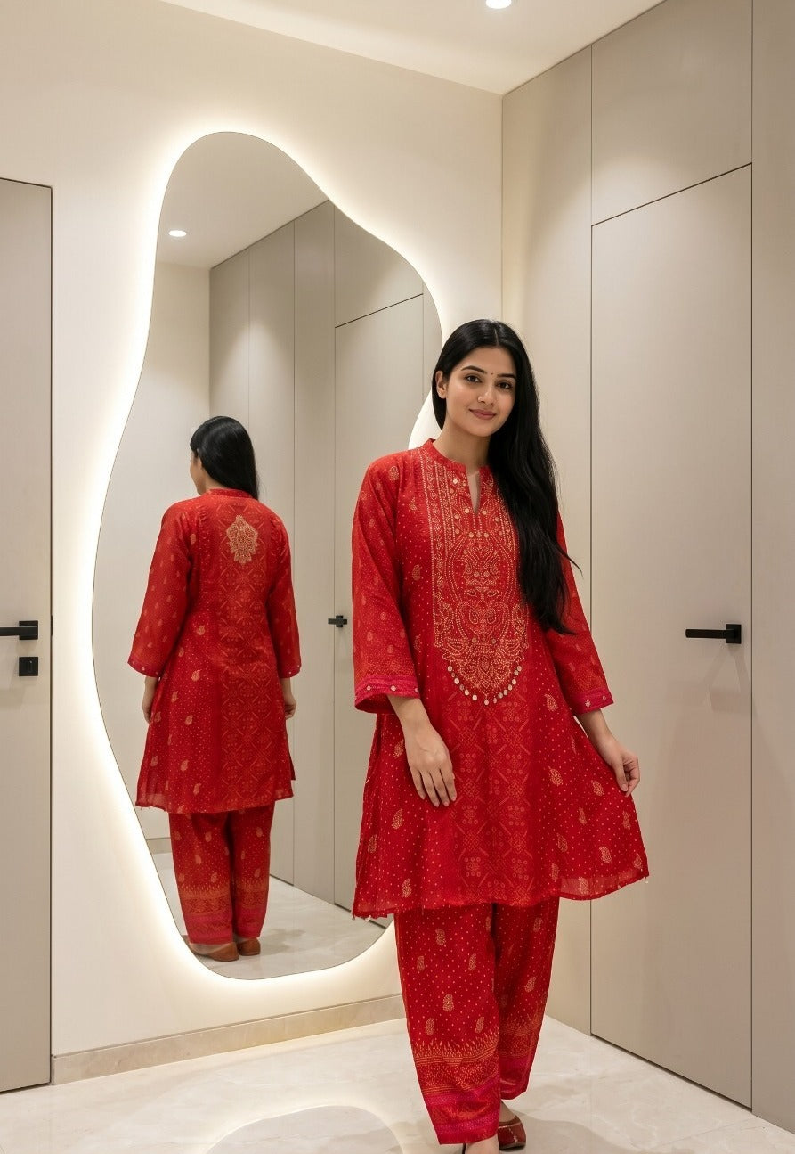 Farsi salwar red bandhani super soft Mul silk co ord in red