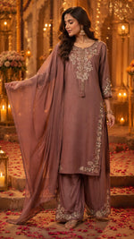 Pure cotton fully embroidered suit set in brown