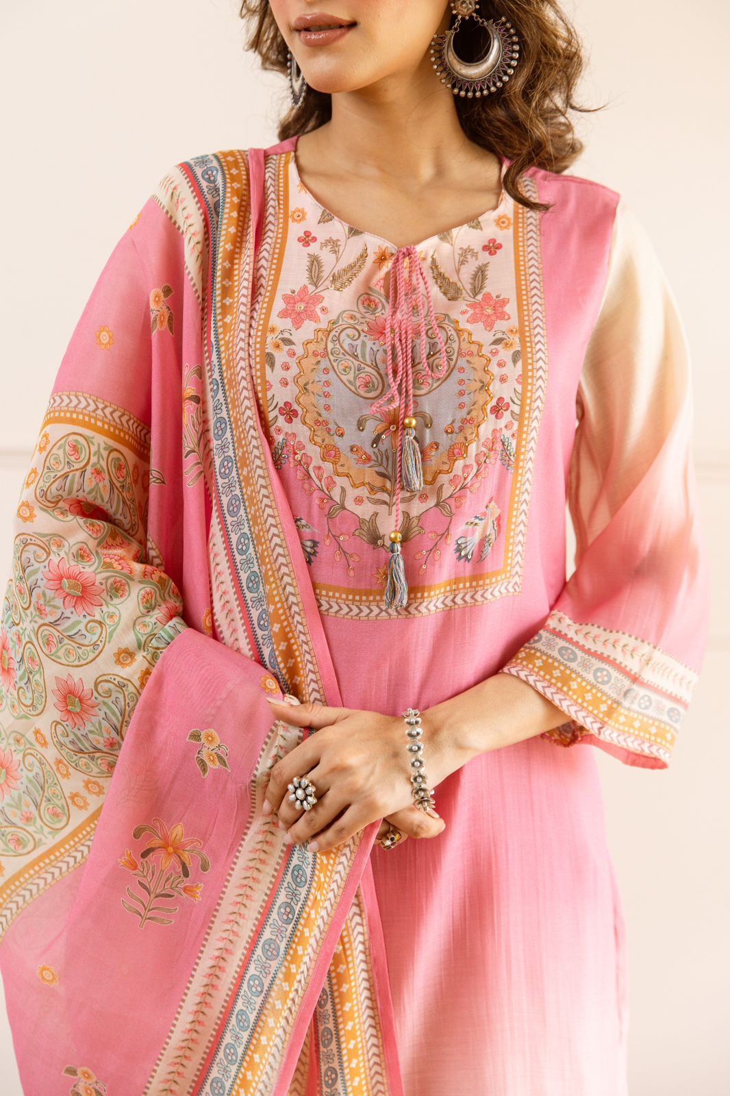 Premium Mul chanderi digital print suit set in pink