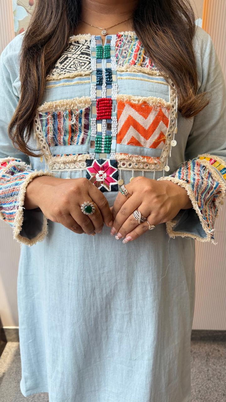 Premium cotton fully embroidered boho look blue co ord