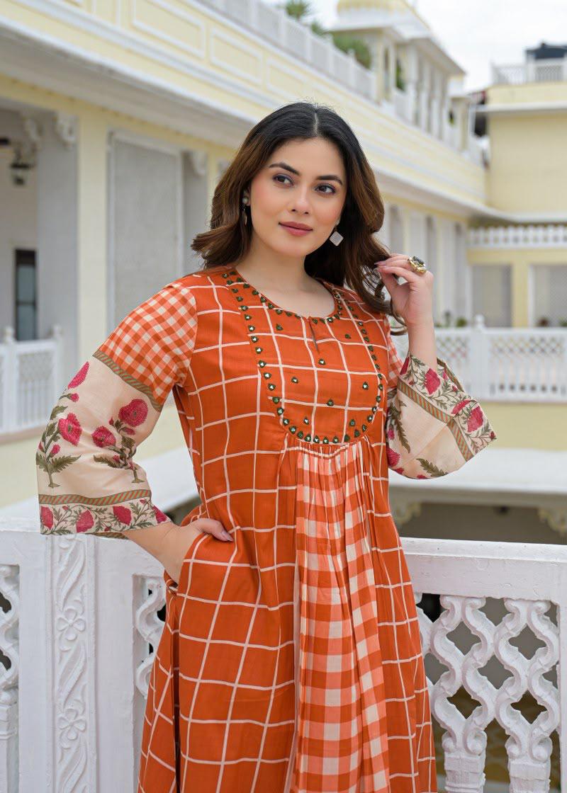 Pure mul cotton chequered kurta pant in orange