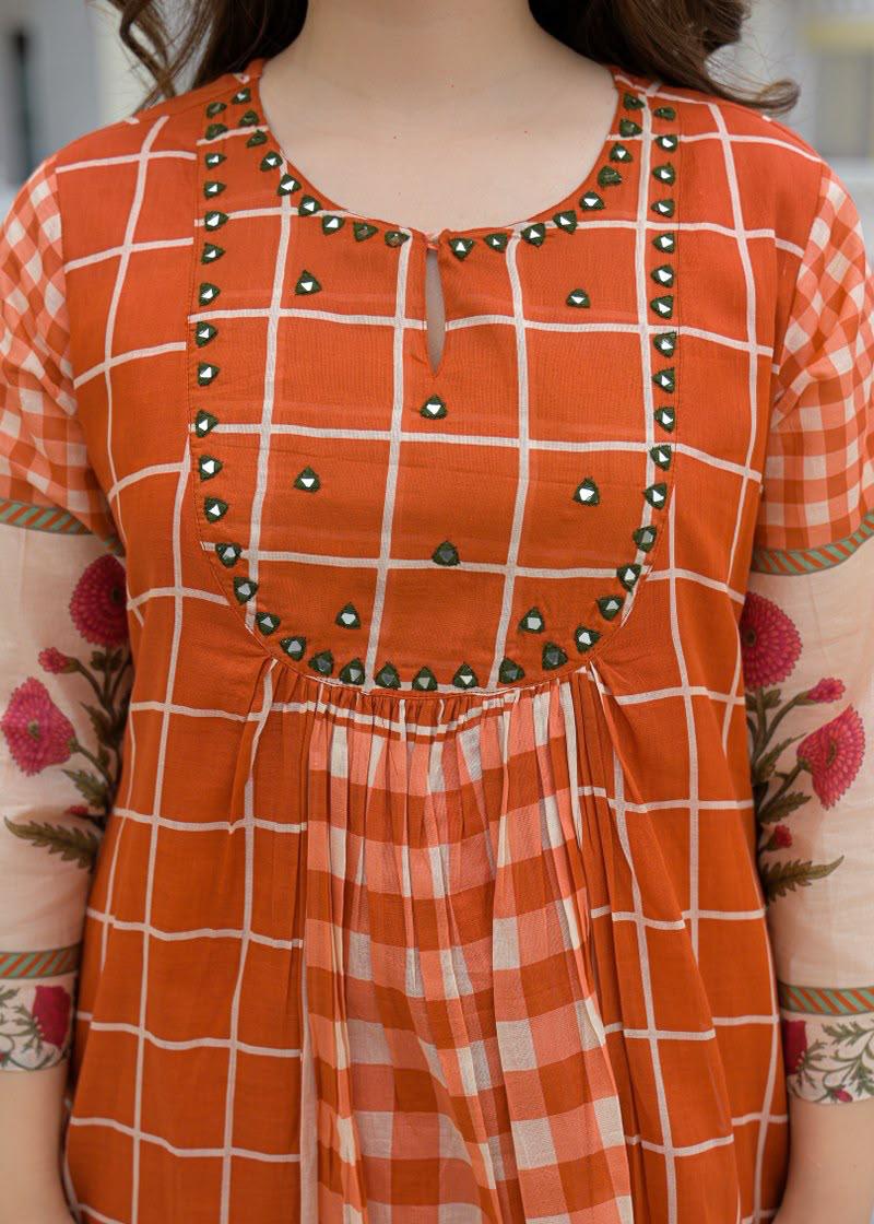Pure mul cotton chequered kurta pant in orange