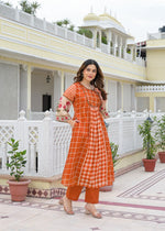 Pure mul cotton chequered kurta pant in orange