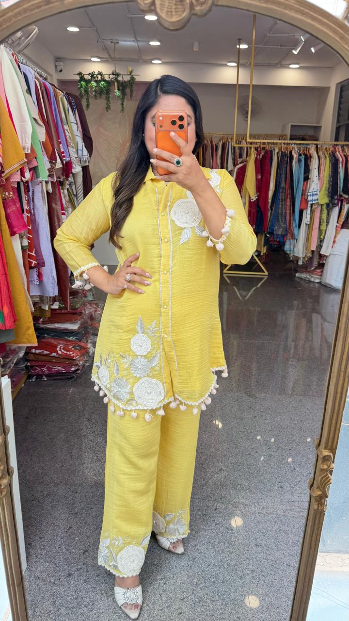 Pretty applique work Mul cotton with lining co ord set (slim fit) yellow