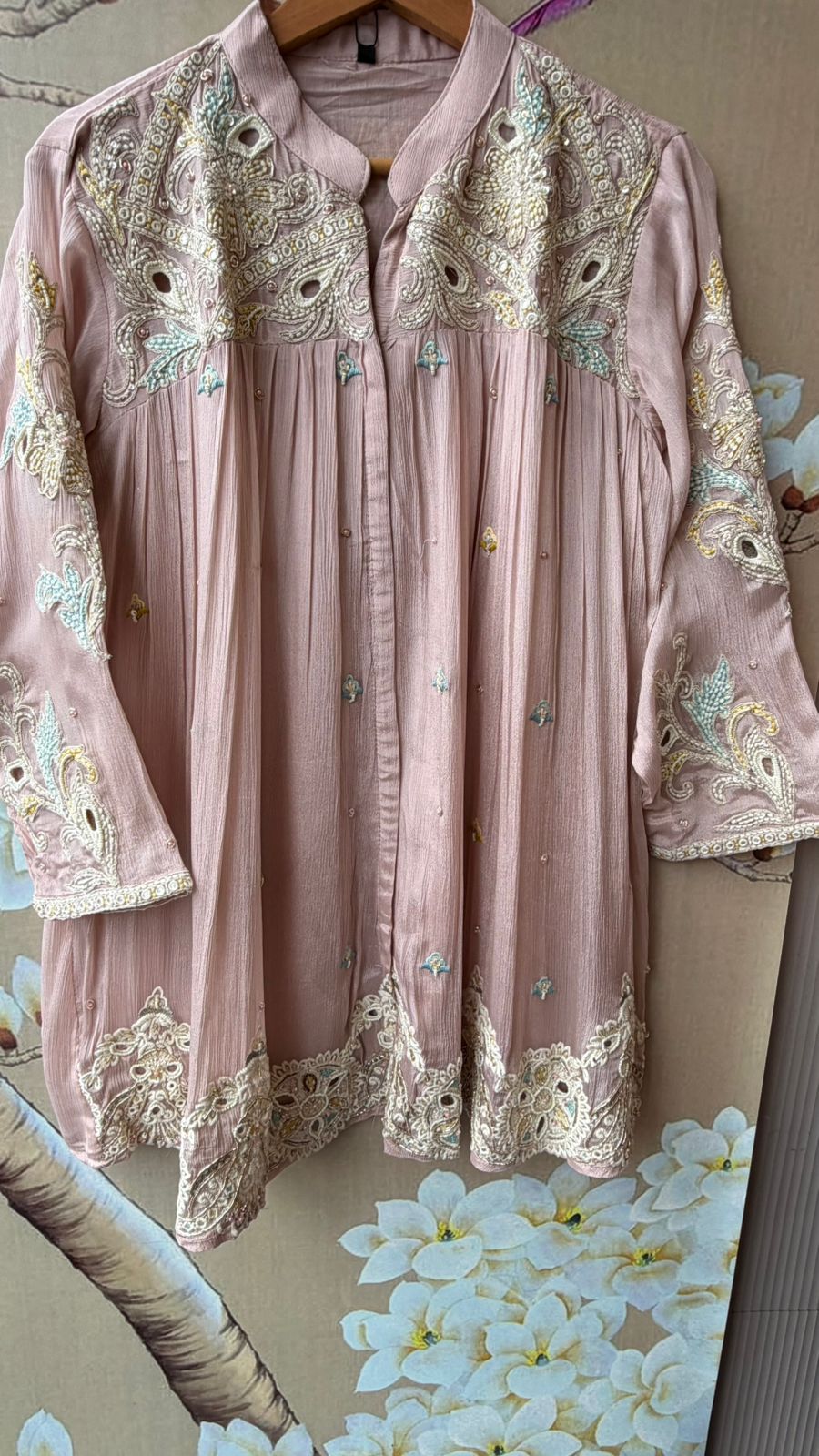 Premium chinon handwork with intricate handwork Co ord in nude pink