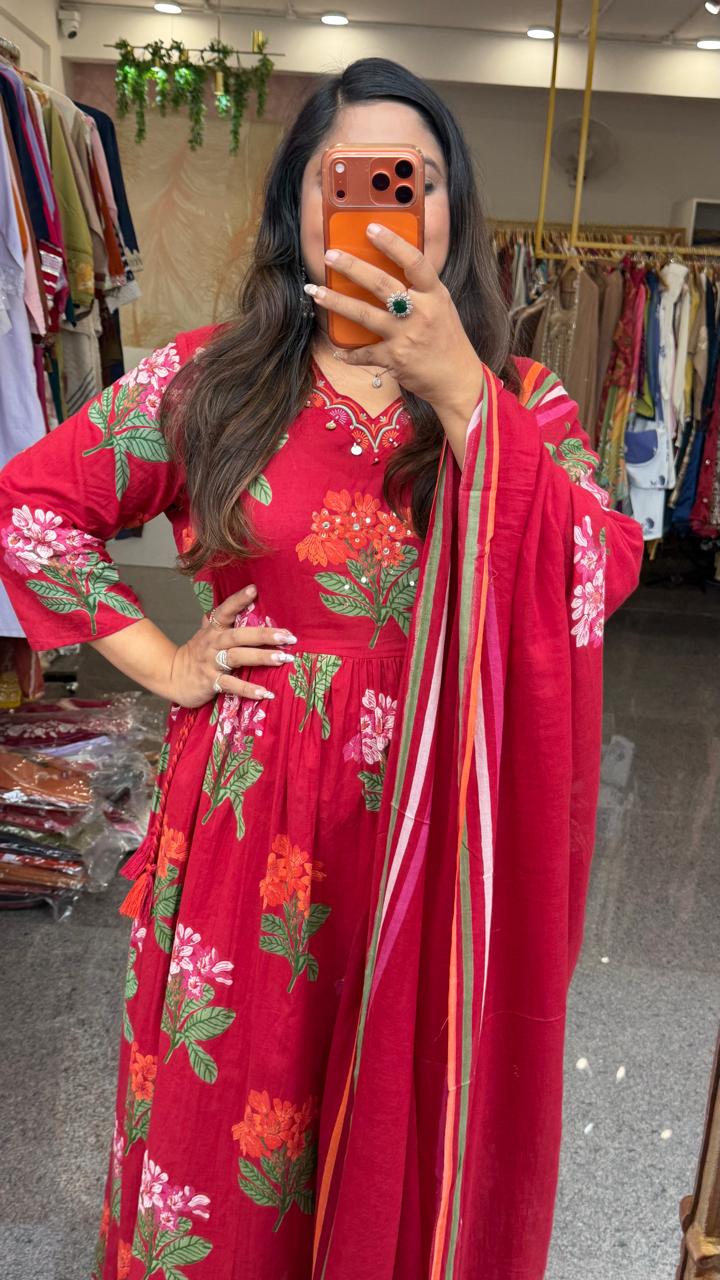 Pure cotton Anarkali full suit set in red