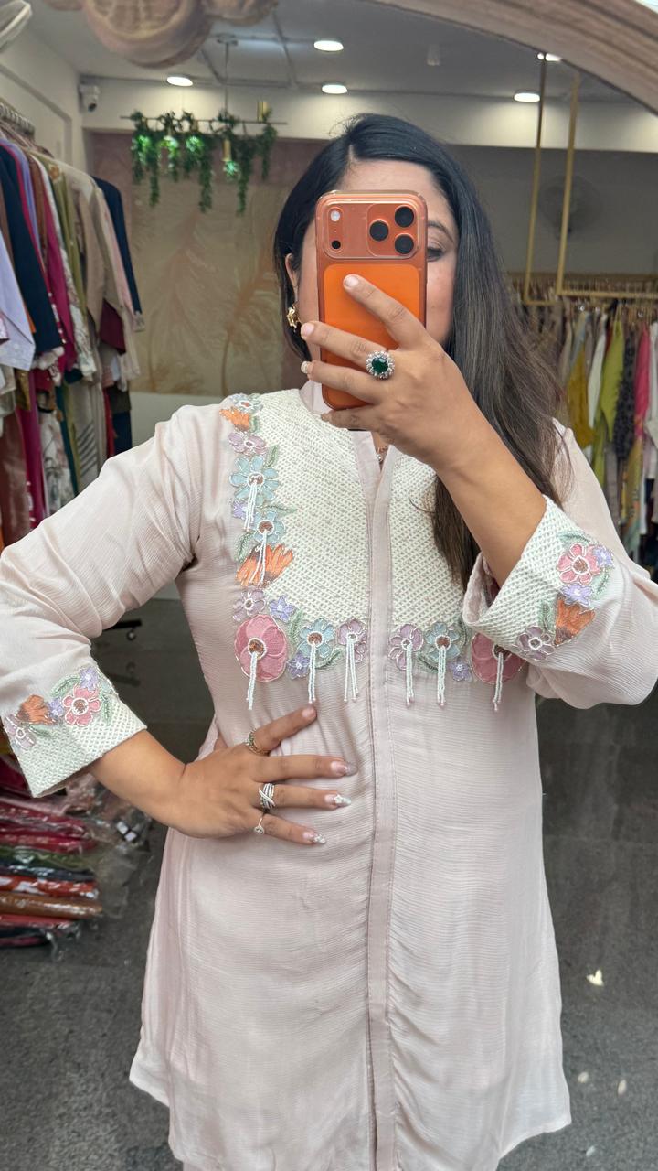 Premium chinon with intricate embroidery and applique work