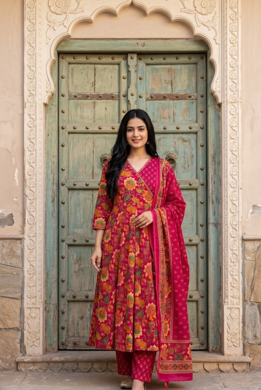 Pretty cotton angrakha floral full suit set