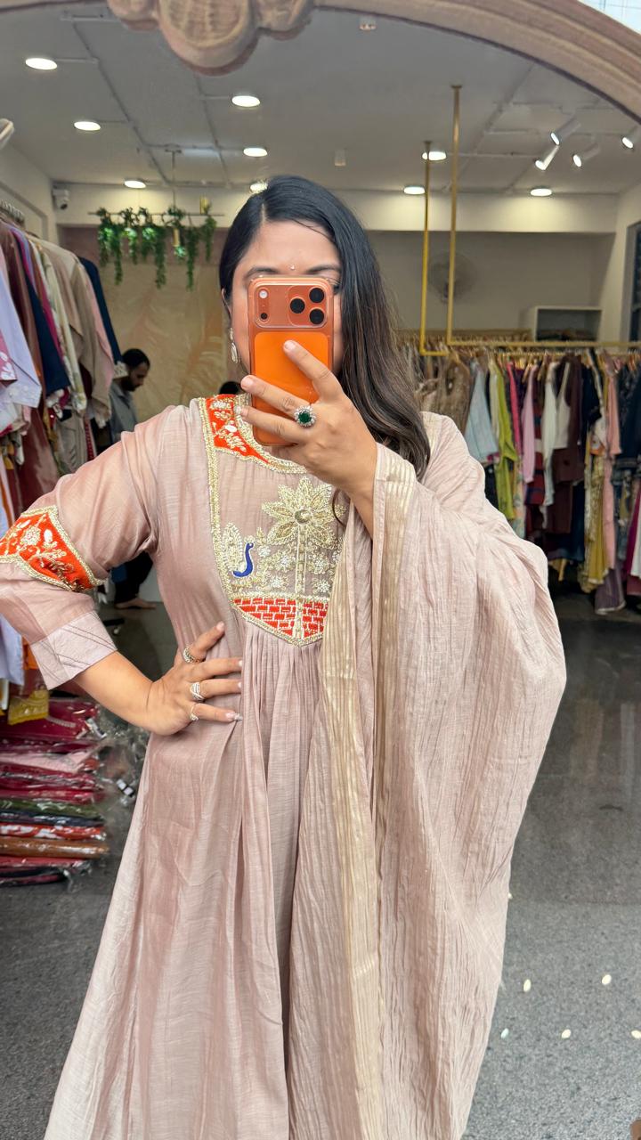 Super pretty onion pink and orange intricate handwork pure Mul chanderi suit set