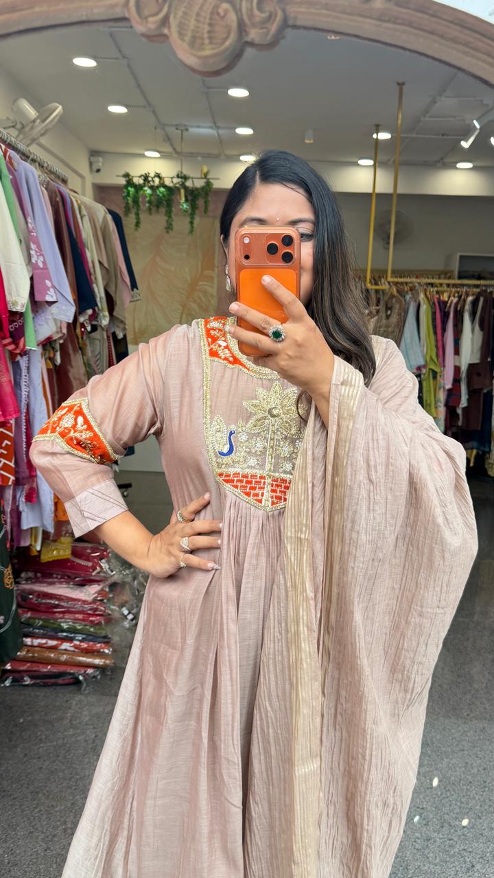 Super pretty onion pink and orange intricate handwork pure Mul chanderi suit set