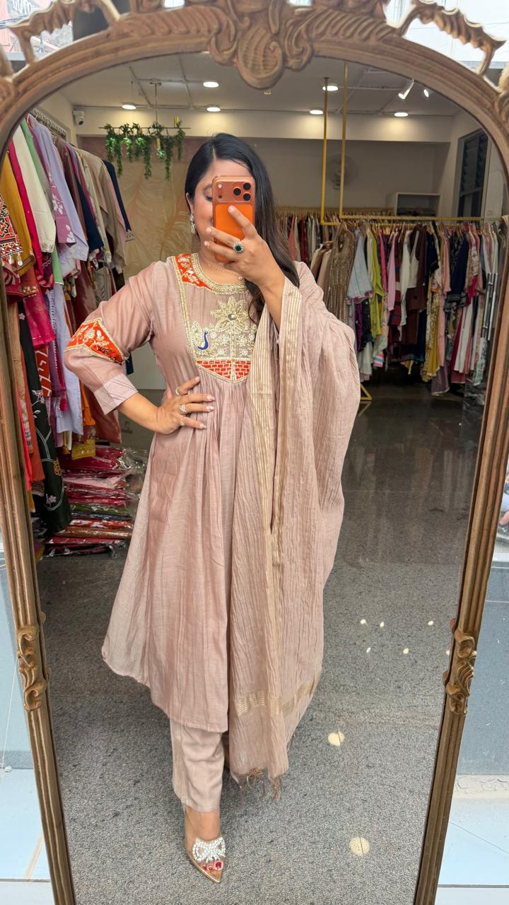 Super pretty onion pink and orange intricate handwork pure Mul chanderi suit set
