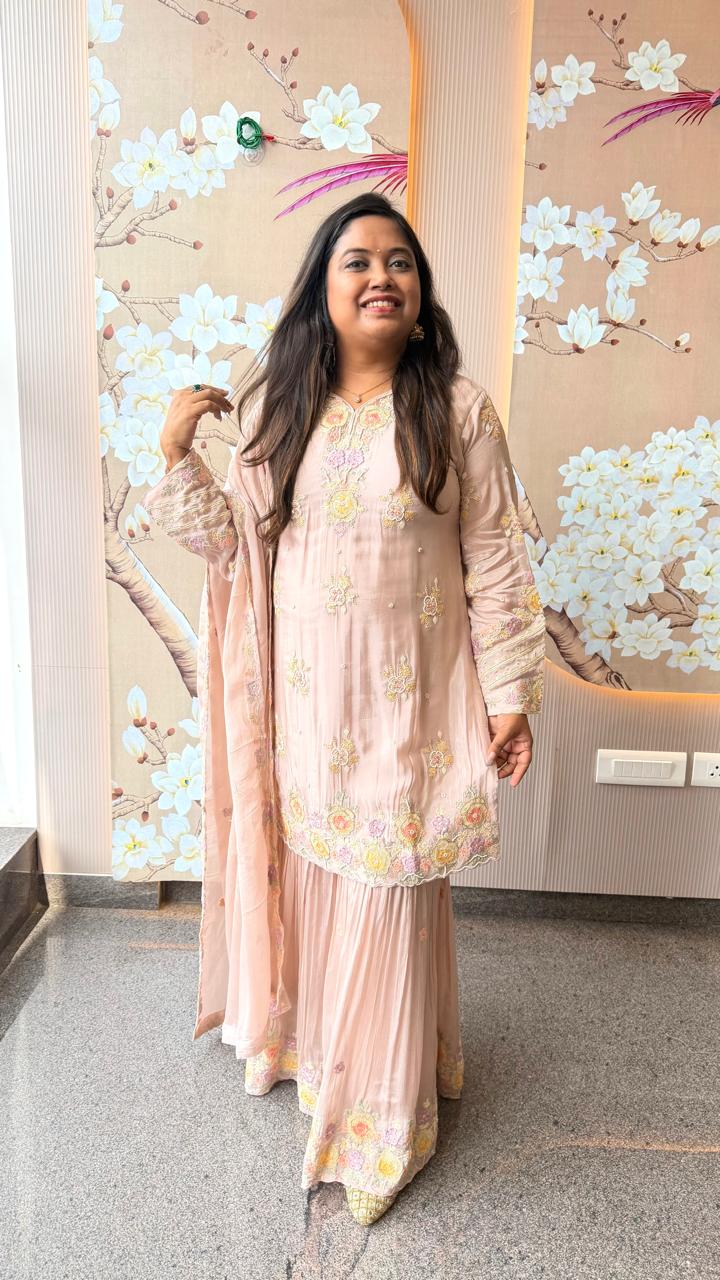 Pretty chinon heavy handwork sharara suit set