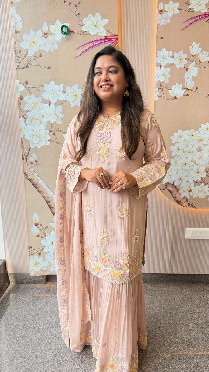 Pretty chinon heavy handwork sharara suit set