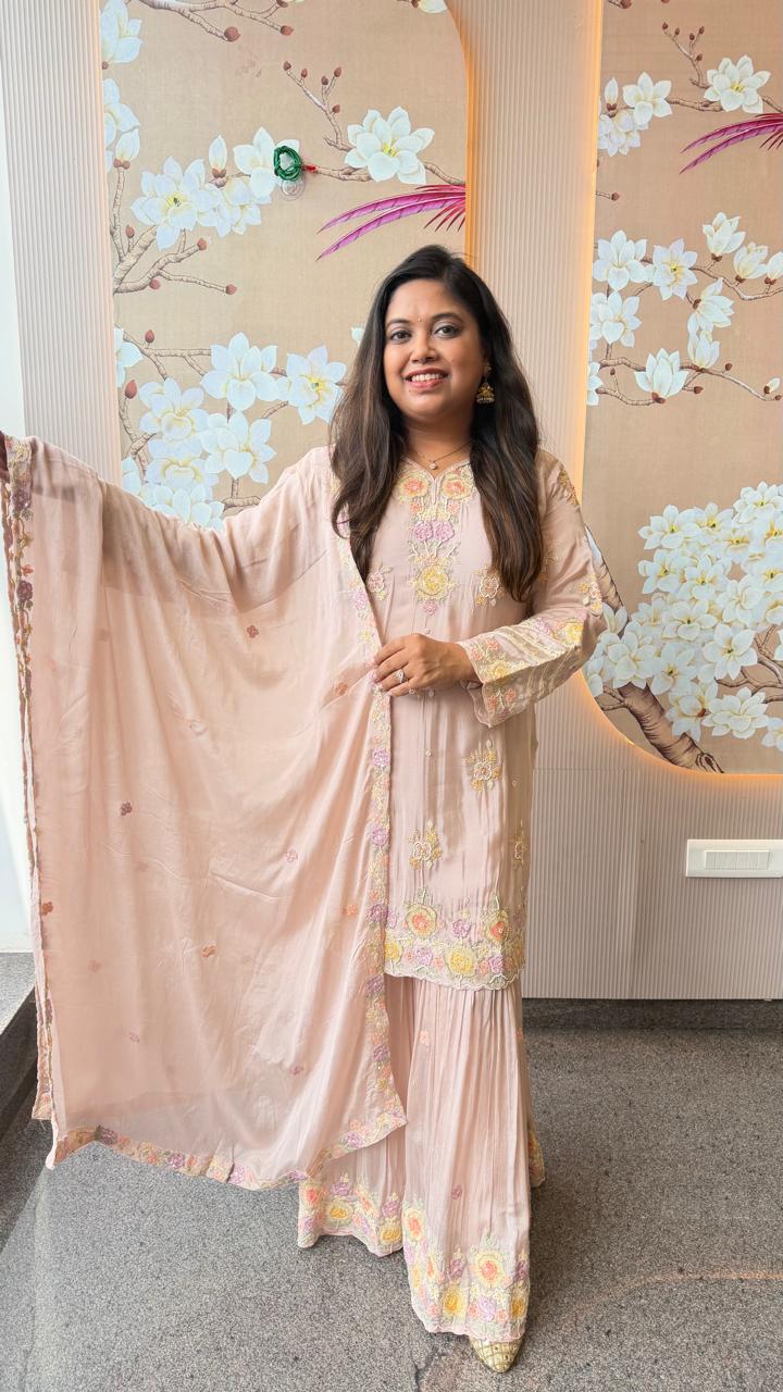 Pretty chinon heavy handwork sharara suit set