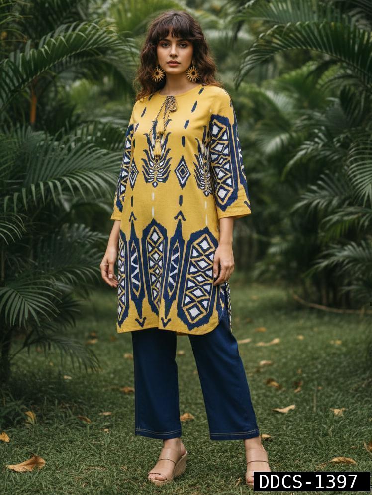 Smart cotton Co ord in yellow n blue