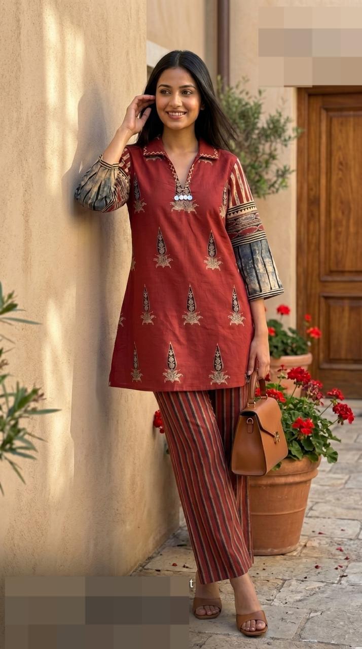 Smart ajrakh cotton Co ord in red