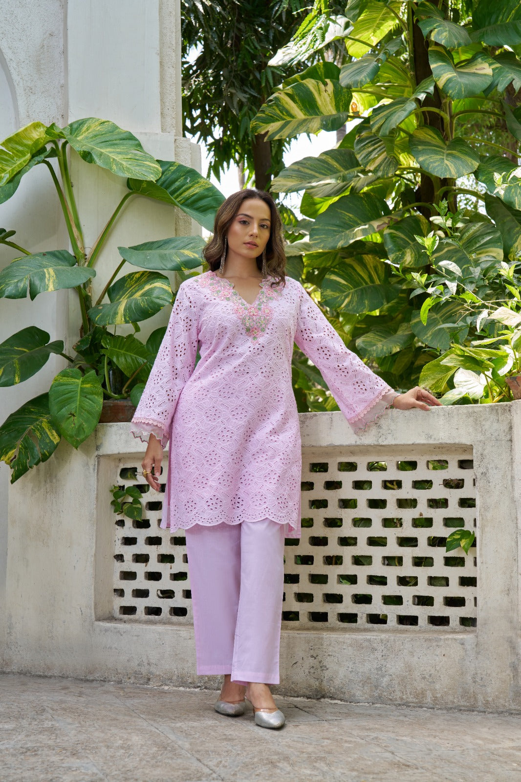 Pink shifli cotton applique work lining co ord set with orgenza detailing