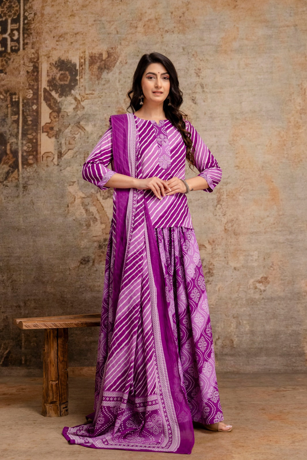 Pure cotton lehariya and bandhani skirt and dupatta in purple