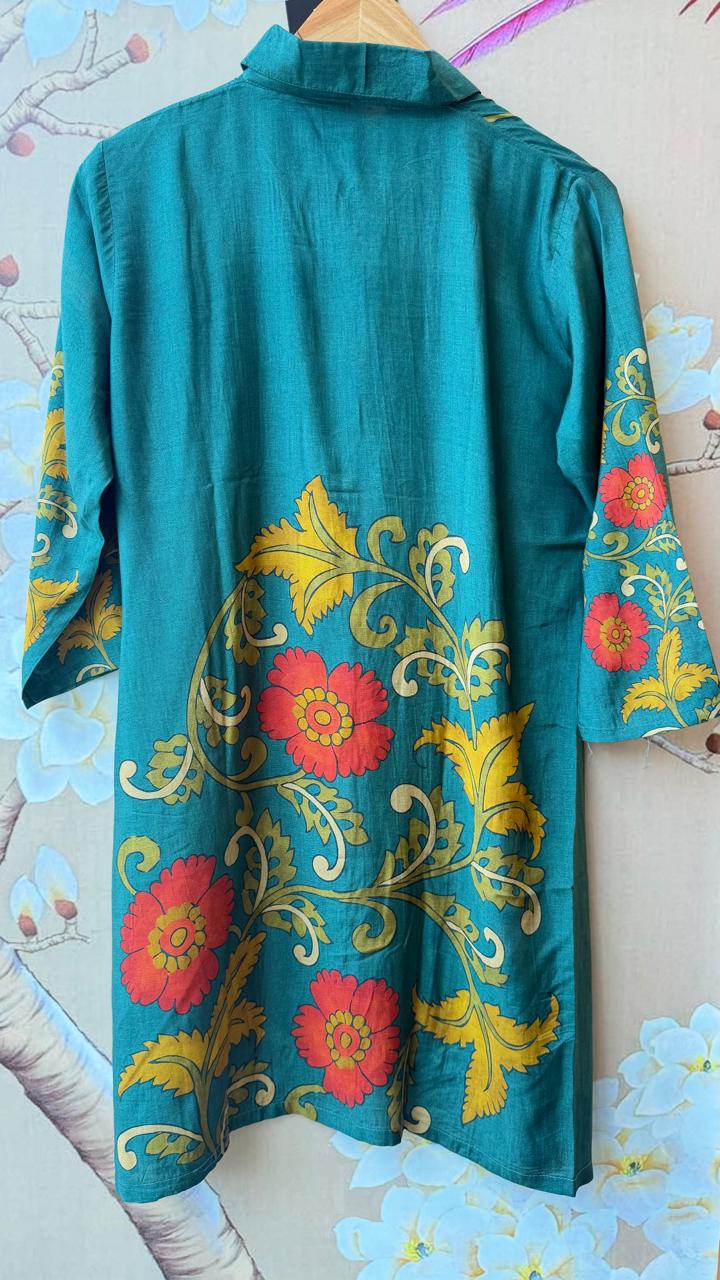 Pretty kalamkari front n back designer mul silk co ord in Green (slim fit).