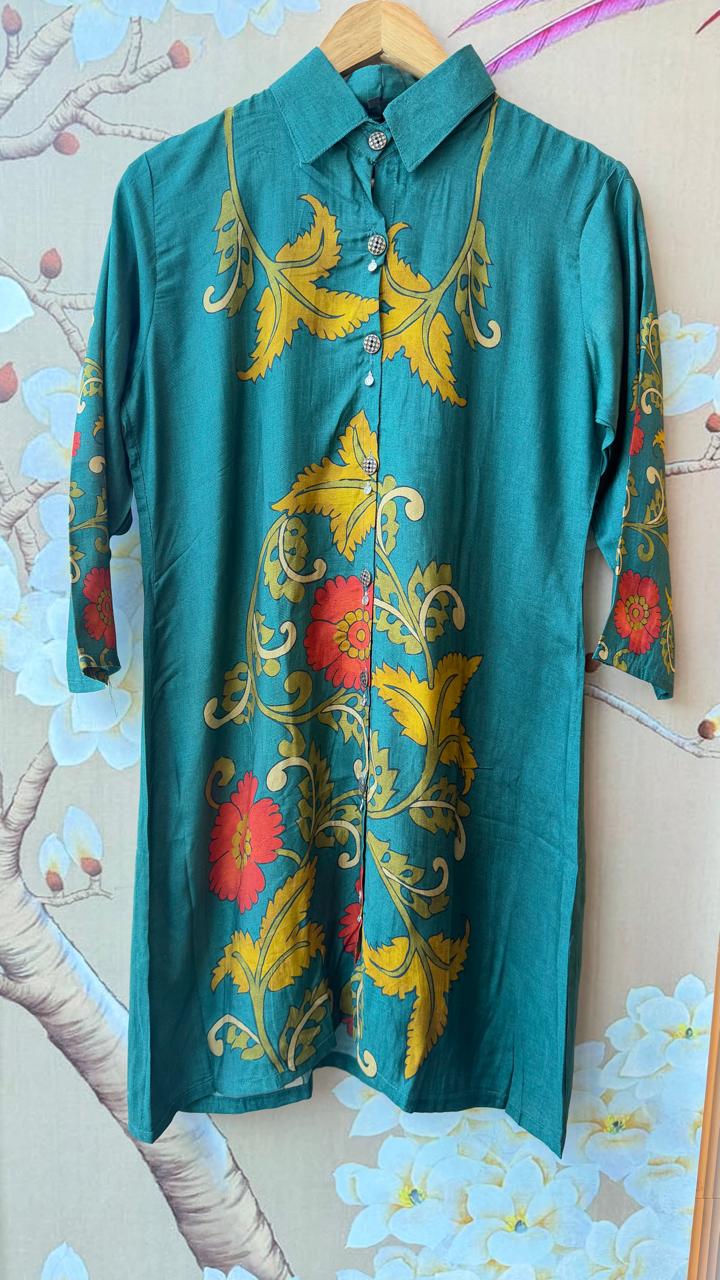 Pretty kalamkari front n back designer mul silk co ord in Green (slim fit).