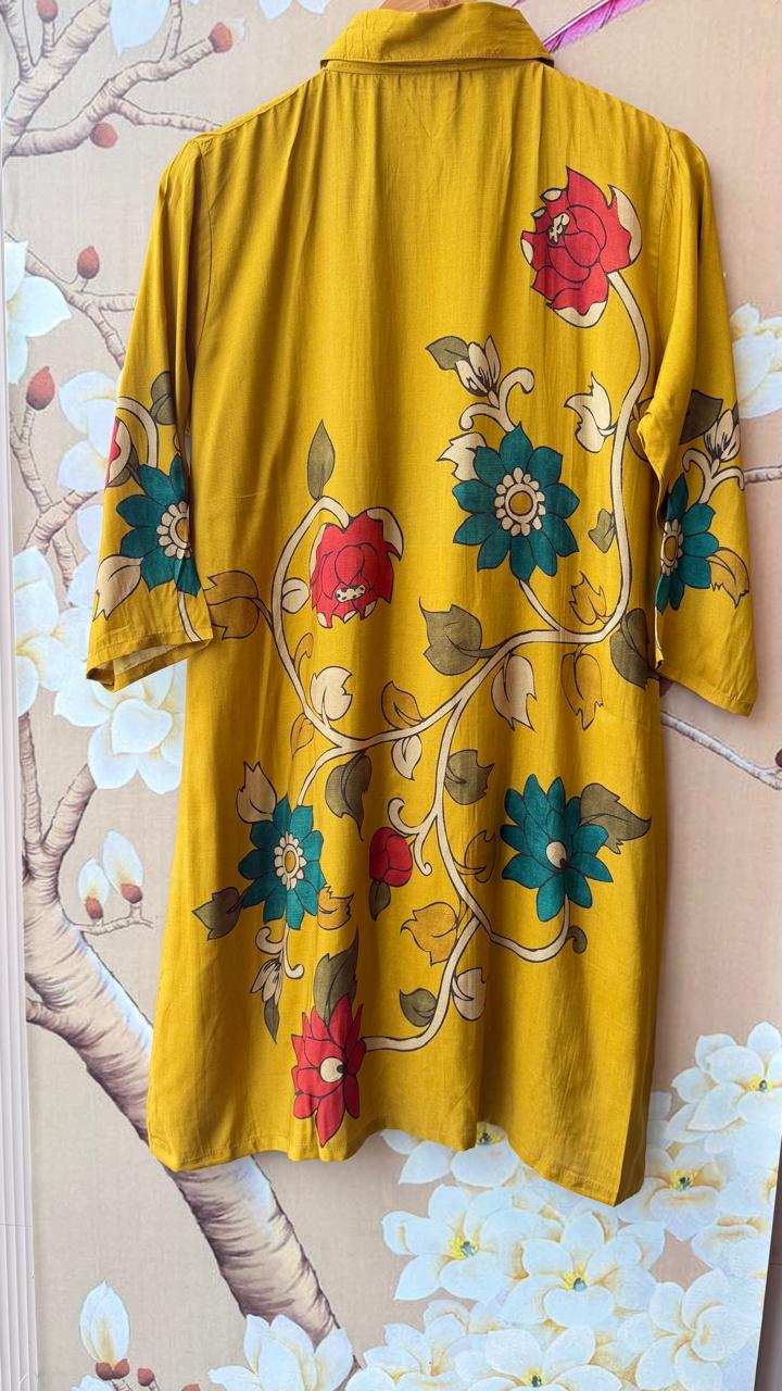 Pretty kalamkari front n back designer mul silk co ord in yellow (slim fit).