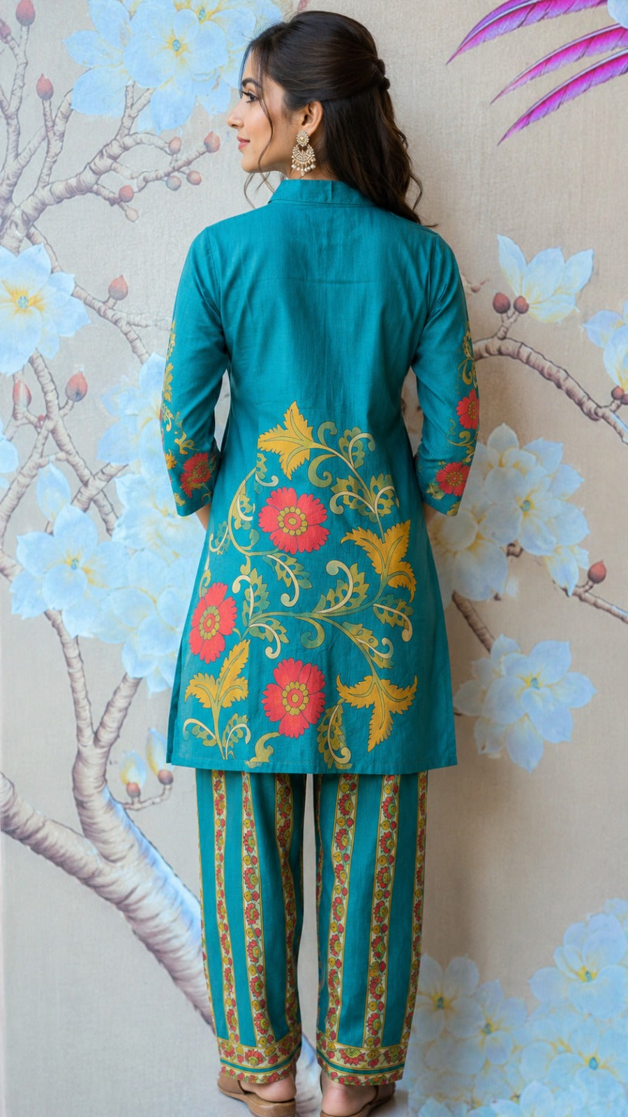 Pretty kalamkari front n back designer mul silk co ord in Green (slim fit).