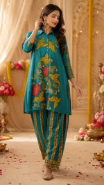 Pretty kalamkari front n back designer mul silk co ord in Green (slim fit).