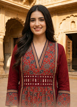 Red pretty soft modal silk ajrakh real mirror dress with pockets (loose fit)