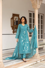 Applique work blue colour cotton full suit set with lace detailing